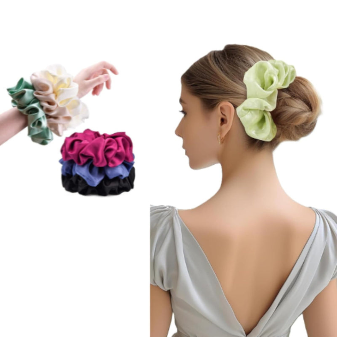 Axooms Large Silk Hair Scrunchies – 4-Piece Jumbo Satin Set, No-Pull Hair Ties for Thick & Thin Hair (Ponytails, Buns & Braids)