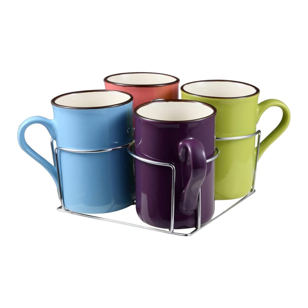 Axooms 5-Piece Stoneware Mug Set with Chrome Stand — 4 Colorful 280 ml Mugs for Coffee & Tea