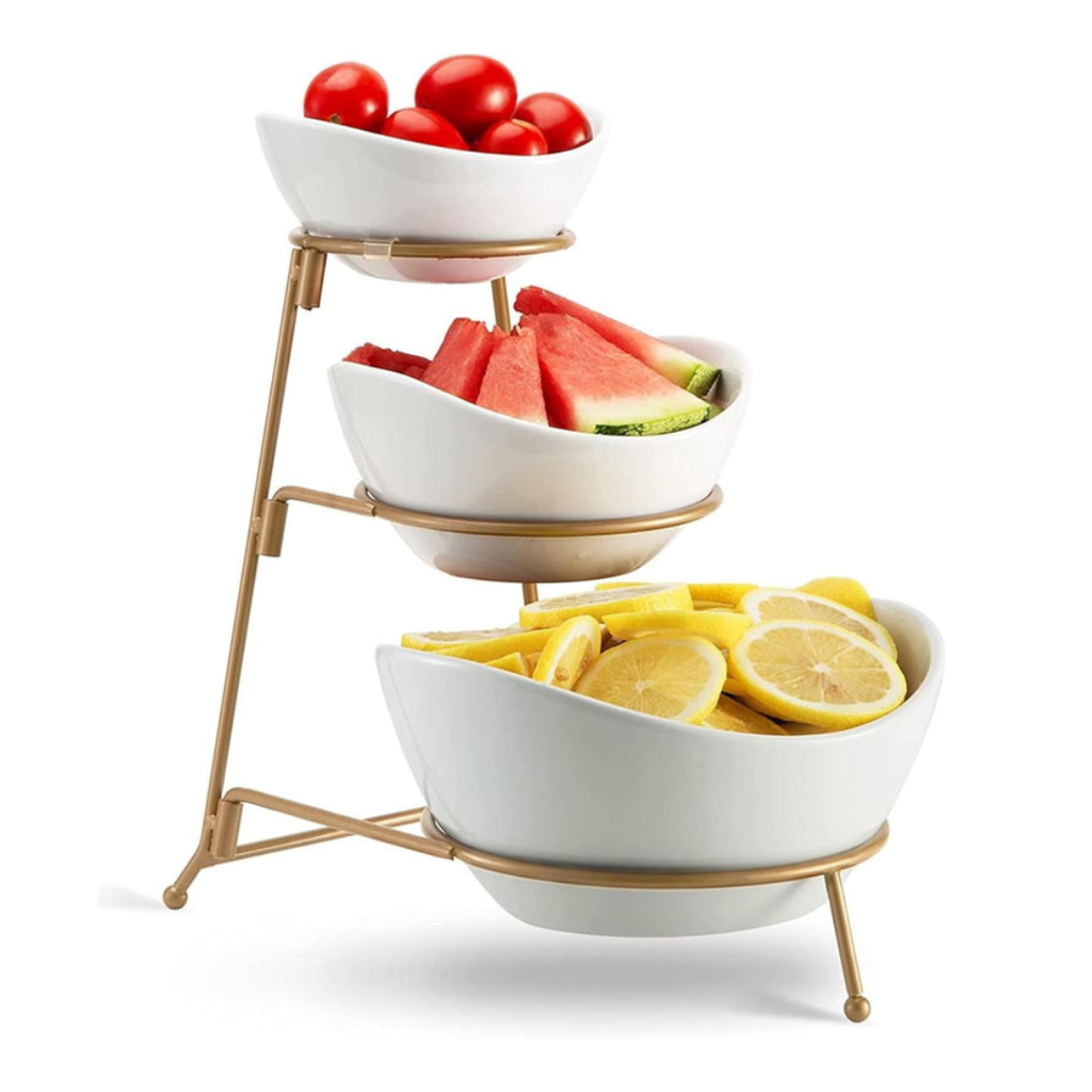 Axooms 3-Tier Serving Bowl Set with Gold Collapsible Stand – Elegant Ceramic Bowls for Chips, Dips, Appetizers, Desserts & Fruit