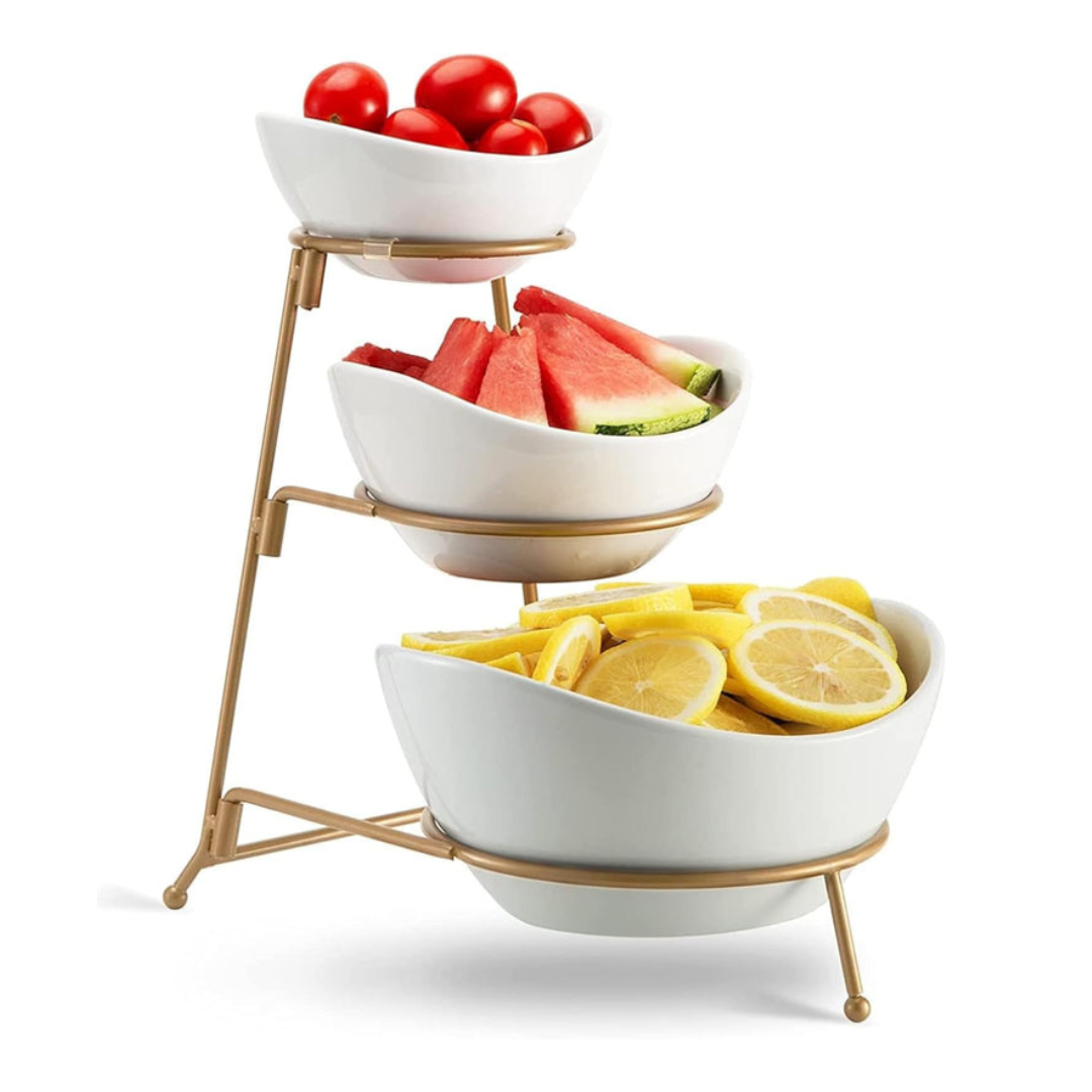 Axooms 3-Tier Serving Bowl Set with Gold Collapsible Stand – Elegant Ceramic Bowls for Chips, Dips, Appetizers, Desserts & Fruit