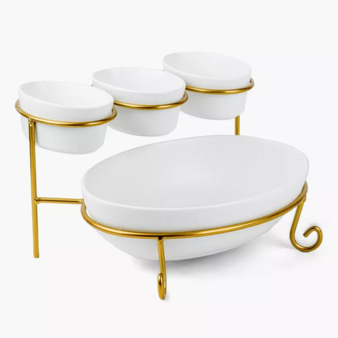 Axooms 2-Tier Oval Serving Set with Gold Stand – Porcelain Appetizer & Dessert Display (3×10 cm + 1×24 cm)