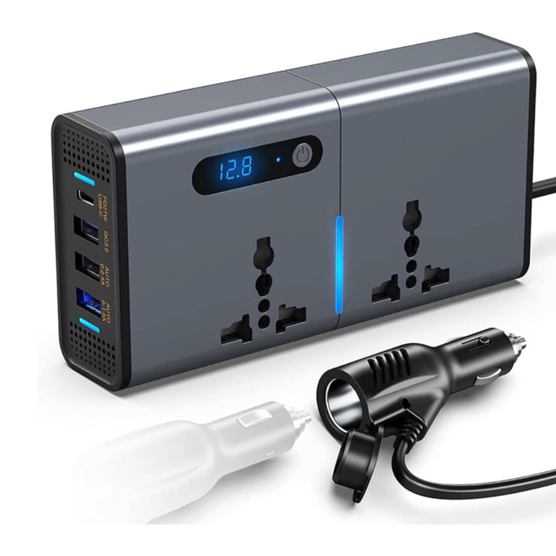 200W Car Power Inverter – 12/24V DC to 220V AC, Dual AC Outlets, 3×USB + 30W Type-C, LED Display, Cooling Fan & On/Off Switch