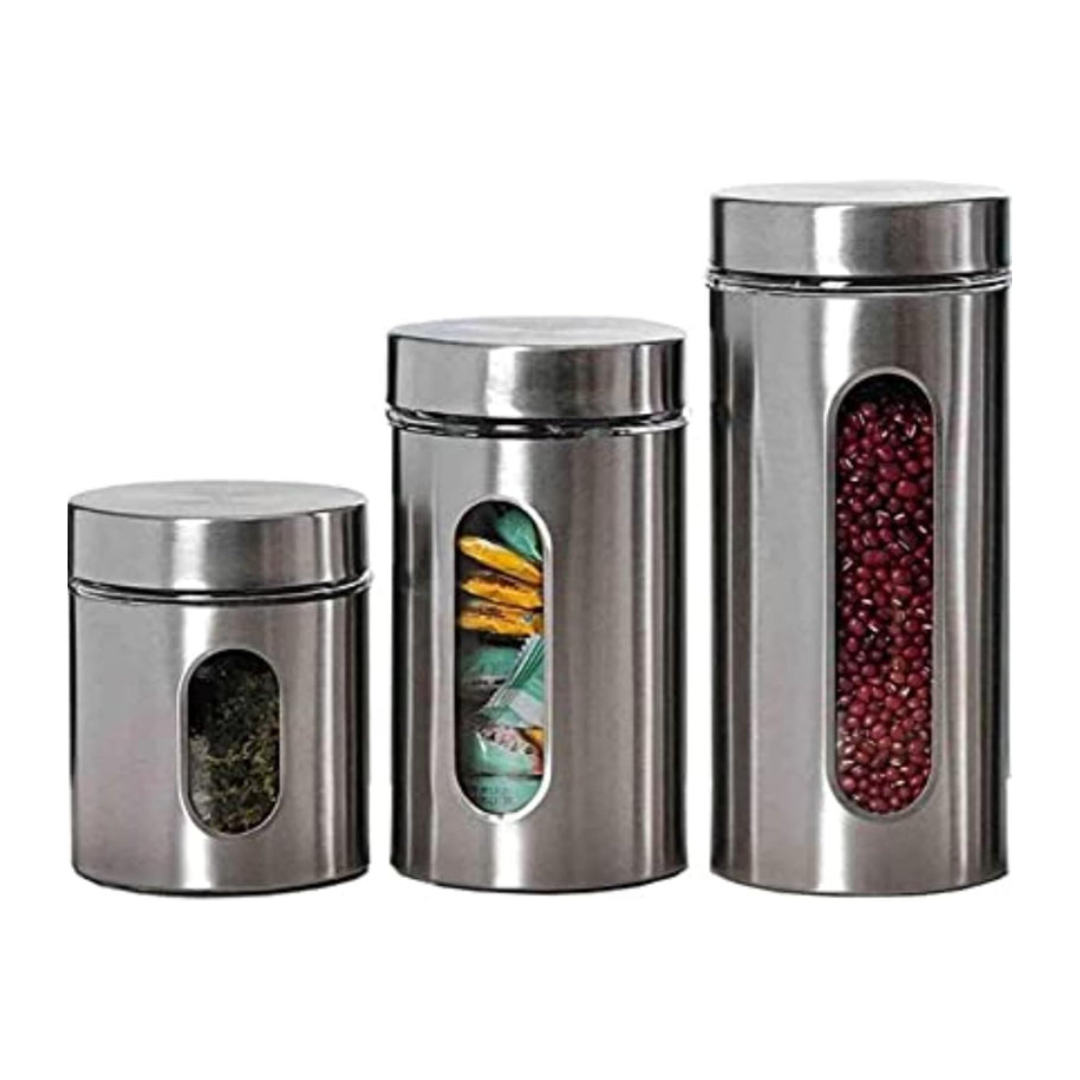 Axooms Glass Canister Set with Stainless Steel Coat – 3-Piece Airtight Jars with Window (8.5×20.5 cm, 15.5 cm, 10.5 cm)