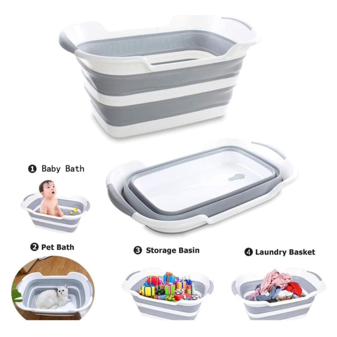 Foldable Multipurpose Collapsible Pet & Baby Bath Tub – 60 × 40 × 27.5 cm | PP+TPR, Lightweight, Space-Saving (Folds to 7 cm) – Grey & White