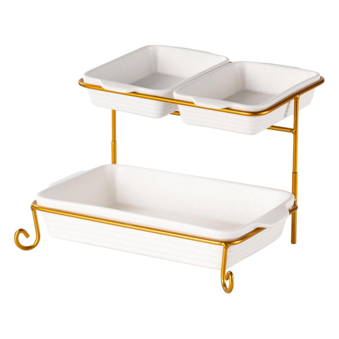 Axooms 2-Tier Rectangular Serving Tray with Gold Stand – Porcelain Appetizer & Dessert Display (20 cm + 30 cm Trays)