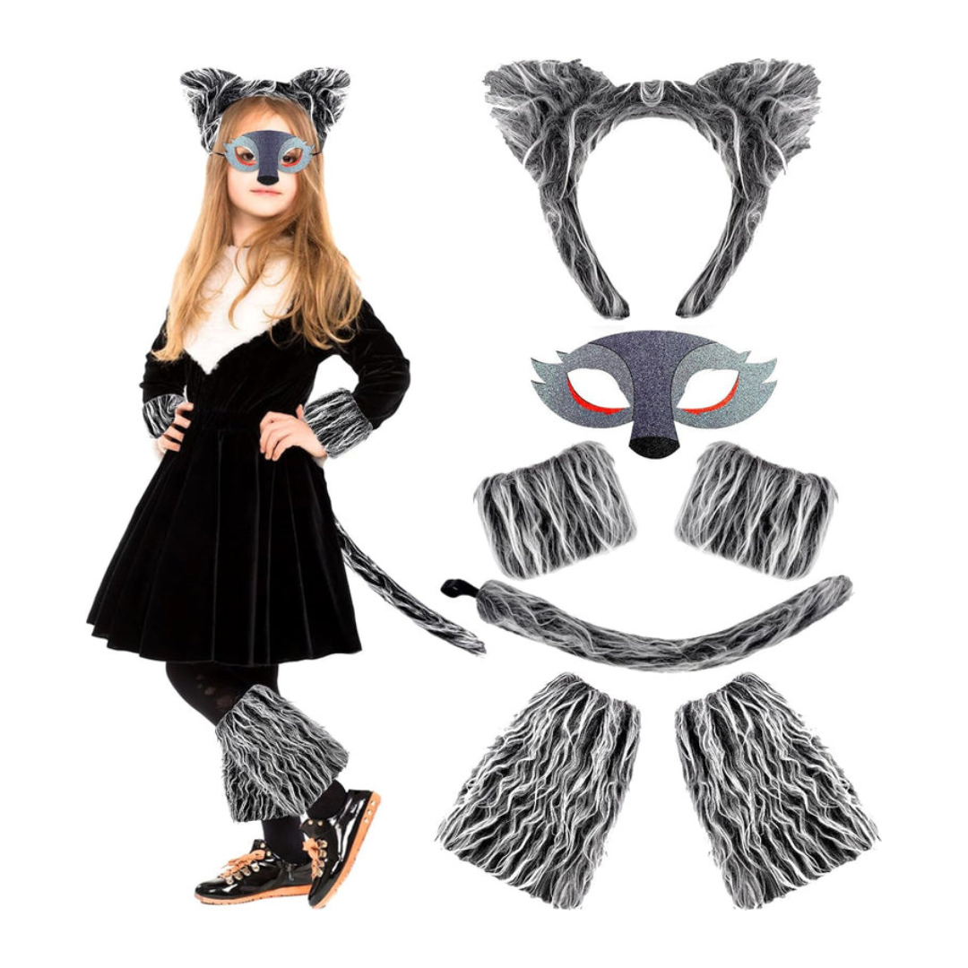 Axooms 7-Piece Werewolf Costume Kit — Ears Headband, Mask, Tail (44 cm), Gloves & Leg Warmers | Soft Plush, One-Size, Easy Dress-Up