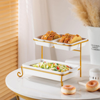 Axooms 2-Tier Rectangular Serving Tray with Gold Stand – Porcelain Appetizer & Dessert Display (20 cm + 30 cm Trays)