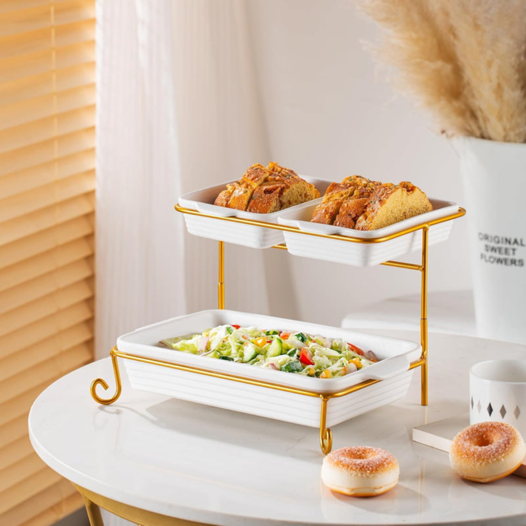 Axooms 2-Tier Rectangular Serving Tray with Gold Stand – Porcelain Appetizer & Dessert Display (20 cm + 30 cm Trays)