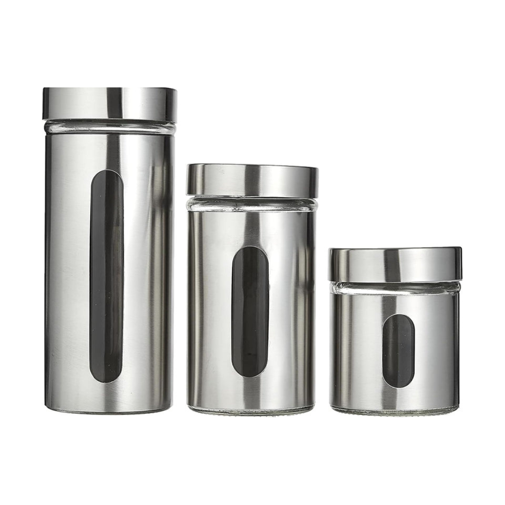 Axooms Glass Canister Set with Stainless Steel Coat – 3-Piece Airtight Jars with Window (8.5×20.5 cm, 15.5 cm, 10.5 cm)
