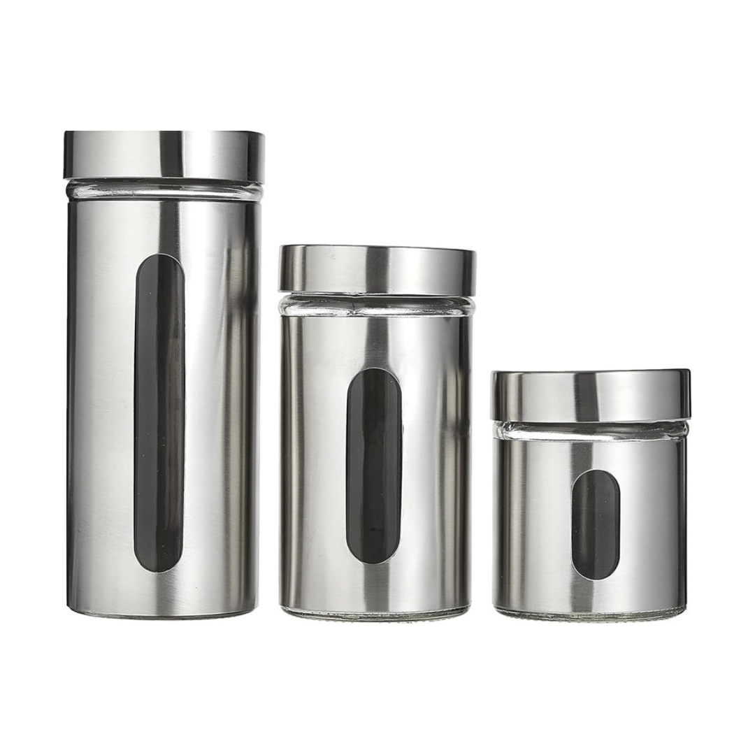 Axooms Glass Canister Set with Stainless Steel Coat – 3-Piece Airtight Jars with Window (8.5×20.5 cm, 15.5 cm, 10.5 cm)