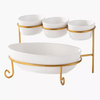 Axooms 2-Tier Oval Serving Set with Gold Stand – Porcelain Appetizer & Dessert Display (3×10 cm + 1×24 cm)