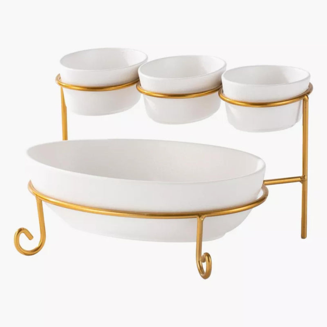 Axooms 2-Tier Oval Serving Set with Gold Stand – Porcelain Appetizer & Dessert Display (3×10 cm + 1×24 cm)