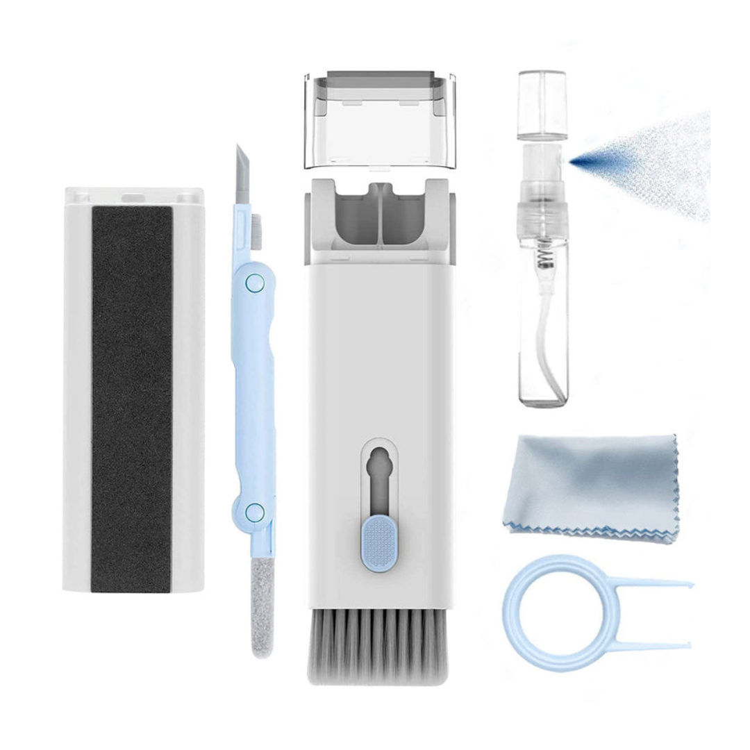 8-in-1 Electronics Cleaning Kit – 7-in-1 Multi-Function Set + Bonus Flannel Cloth | 5 ml Screen Spray, AirPods Cleaning Pen, Keycap Puller, Brushes & Sponge