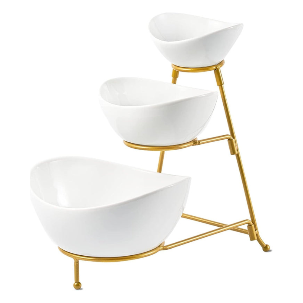 Axooms 3-Tier Serving Bowl Set with Gold Collapsible Stand – Elegant Ceramic Bowls for Chips, Dips, Appetizers, Desserts & Fruit