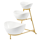 Axooms 3-Tier Serving Bowl Set with Gold Collapsible Stand – Elegant Ceramic Bowls for Chips, Dips, Appetizers, Desserts & Fruit