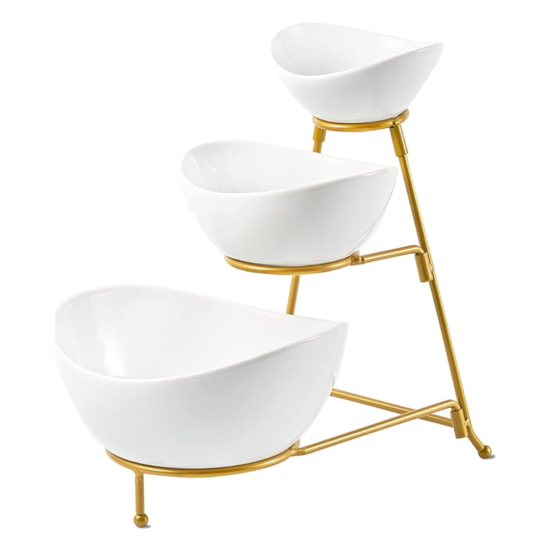 Axooms 3-Tier Serving Bowl Set with Gold Collapsible Stand – Elegant Ceramic Bowls for Chips, Dips, Appetizers, Desserts & Fruit