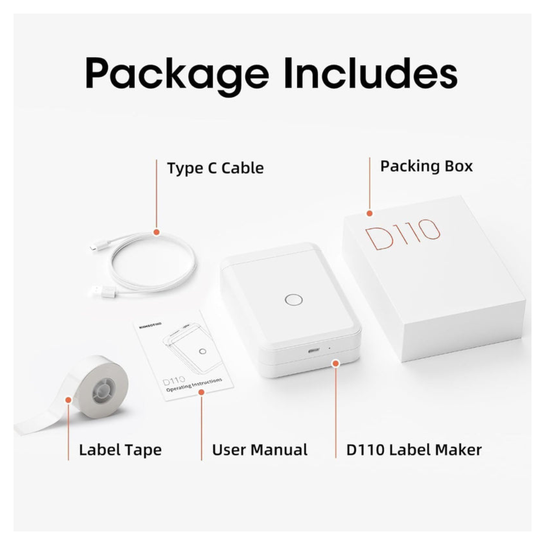 Axooms D110 Bluetooth Portable Label Maker – Inkless Thermal Printer with Tape (iOS/Android, Arabic & English), USB-Rechargeable – White