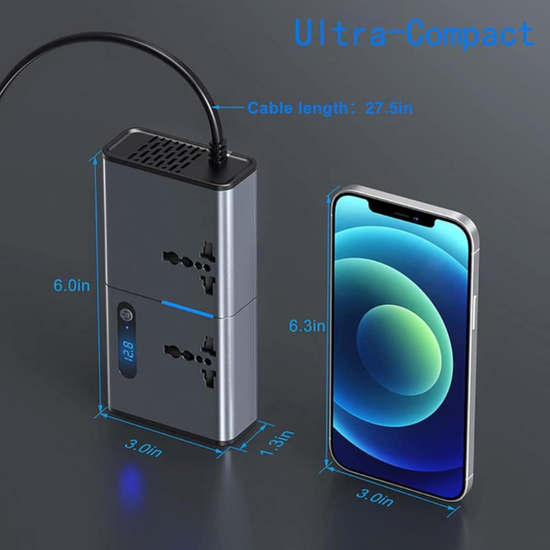 200W Car Power Inverter – 12/24V DC to 220V AC, Dual AC Outlets, 3×USB + 30W Type-C, LED Display, Cooling Fan & On/Off Switch