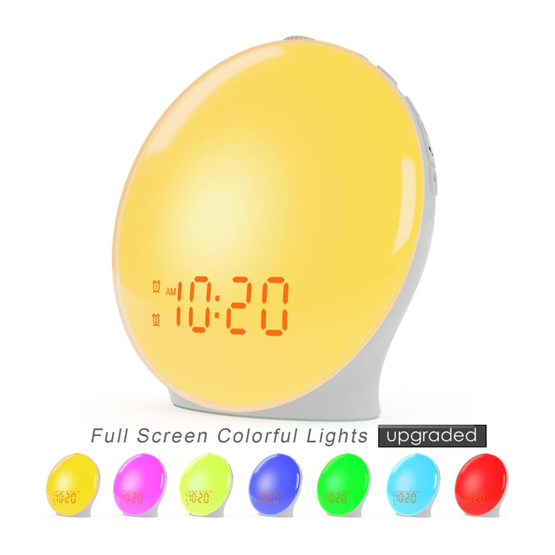 Wake Up Light Sunrise Alarm Clock – Dual Alarms, Snooze, FM Radio, 7 Colors, 7 Natural Sounds, Nightlight/Daylight – Great for Kids & Heavy Sleepers