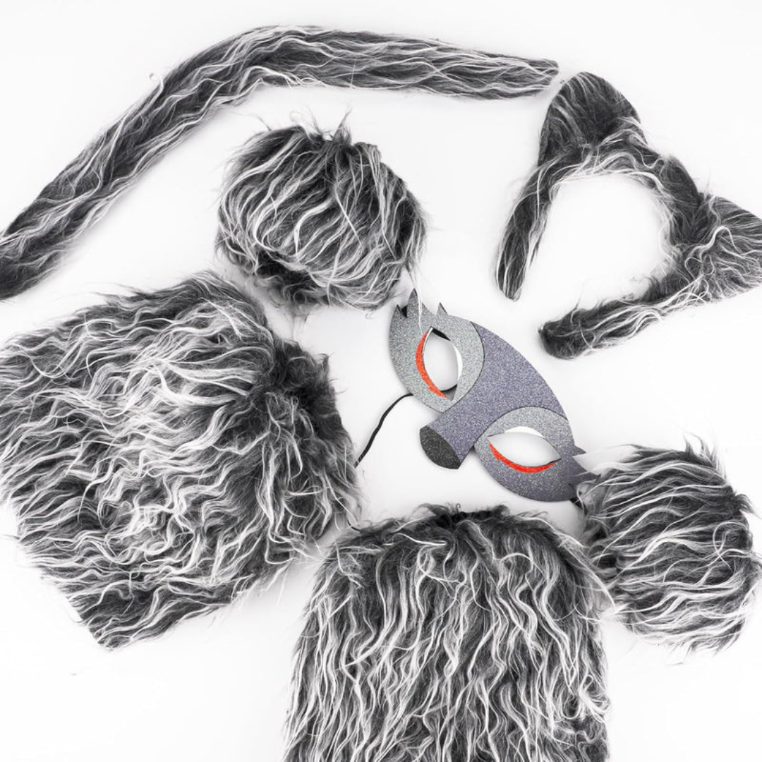 Axooms 7-Piece Werewolf Costume Kit — Ears Headband, Mask, Tail (44 cm), Gloves & Leg Warmers | Soft Plush, One-Size, Easy Dress-Up