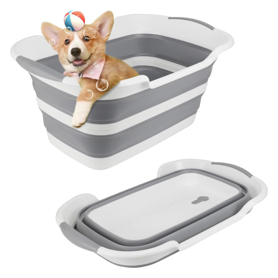 Foldable Multipurpose Collapsible Pet & Baby Bath Tub – 60 × 40 × 27.5 cm | PP+TPR, Lightweight, Space-Saving (Folds to 7 cm) – Grey & White