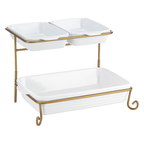 Axooms 2-Tier Rectangular Serving Tray with Gold Stand – Porcelain Appetizer & Dessert Display (20 cm + 30 cm Trays)