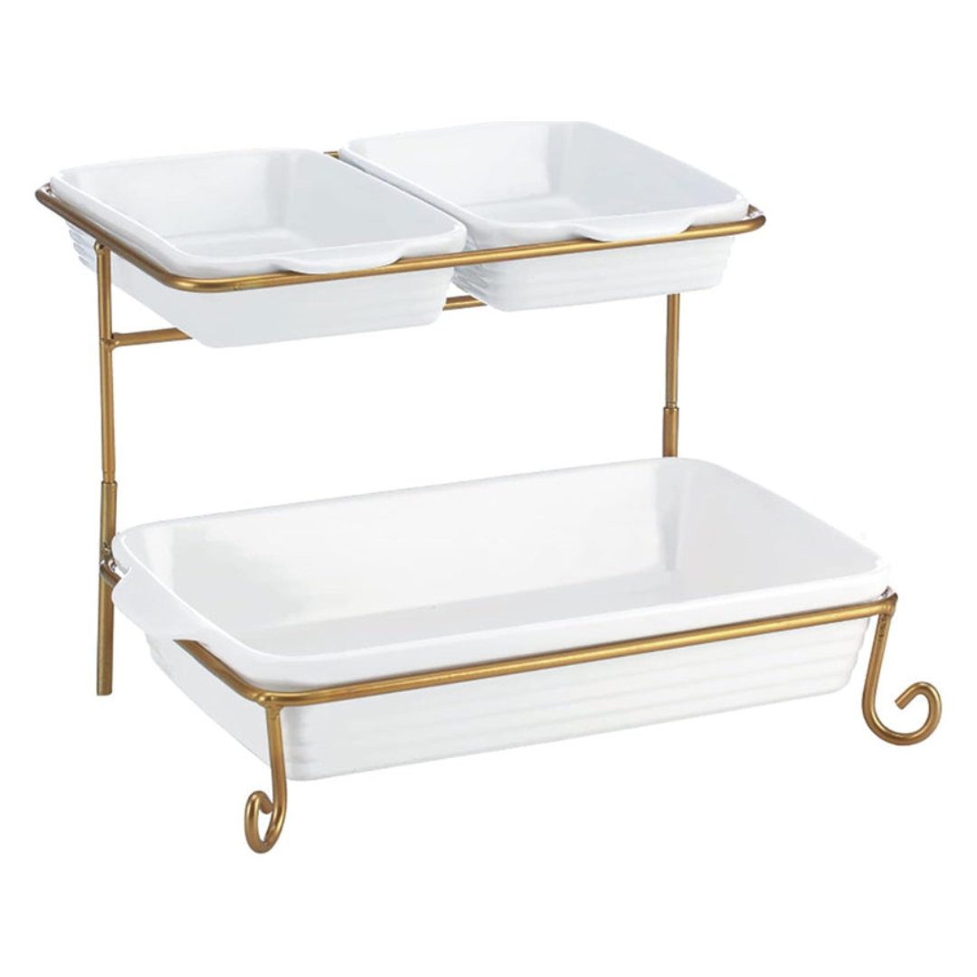 Axooms 2-Tier Rectangular Serving Tray with Gold Stand – Porcelain Appetizer & Dessert Display (20 cm + 30 cm Trays)
