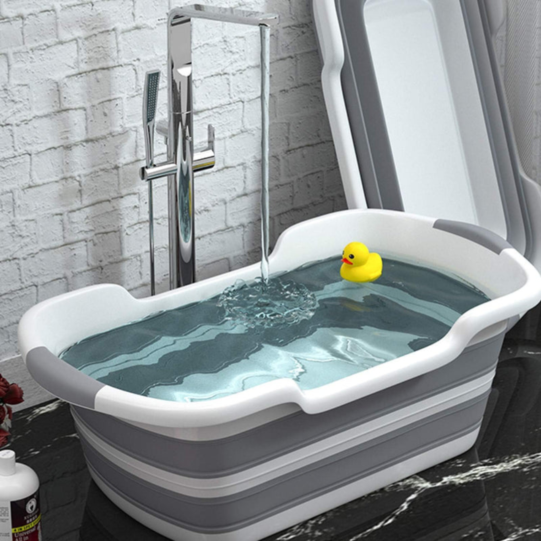 Foldable Multipurpose Collapsible Pet & Baby Bath Tub – 60 × 40 × 27.5 cm | PP+TPR, Lightweight, Space-Saving (Folds to 7 cm) – Grey & White