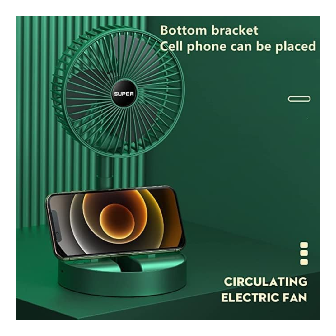 USB Rechargeable (2000 mAh), 3-Speed Portable Desk Fan, Quiet & Adjustable Height – Green