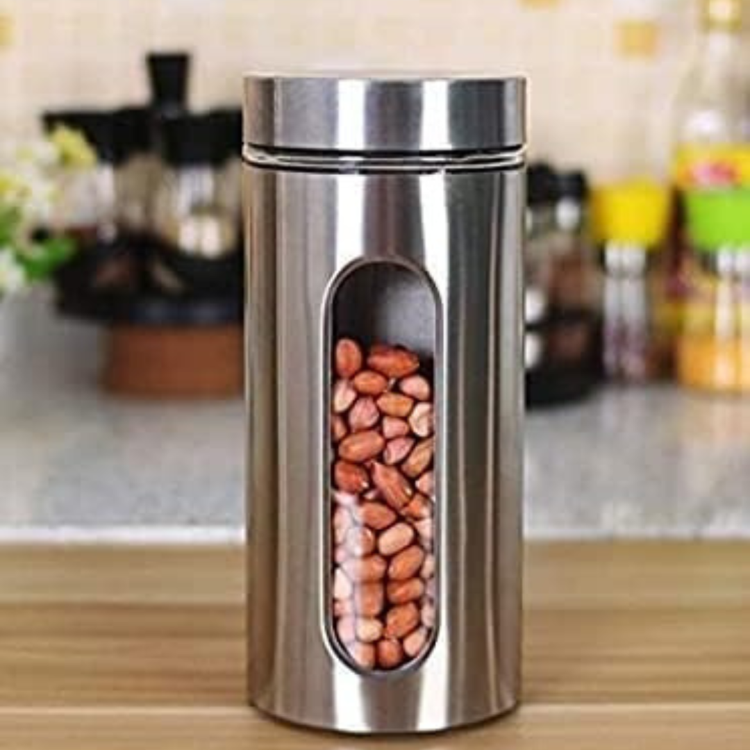Axooms Glass Canister Set with Stainless Steel Coat – 3-Piece Airtight Jars with Window (8.5×20.5 cm, 15.5 cm, 10.5 cm)