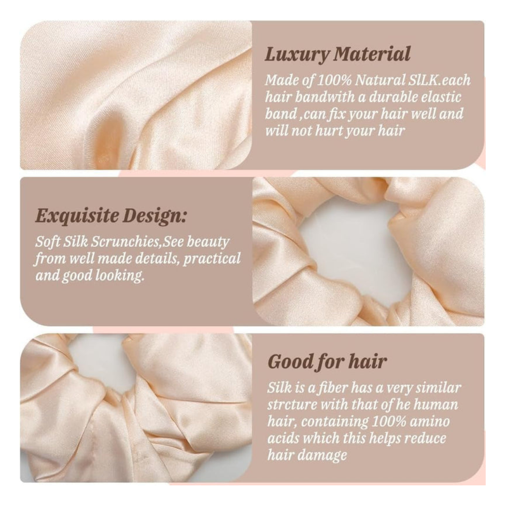 Axooms Large Silk Hair Scrunchies – 4-Piece Jumbo Satin Set, No-Pull Hair Ties for Thick & Thin Hair (Ponytails, Buns & Braids)