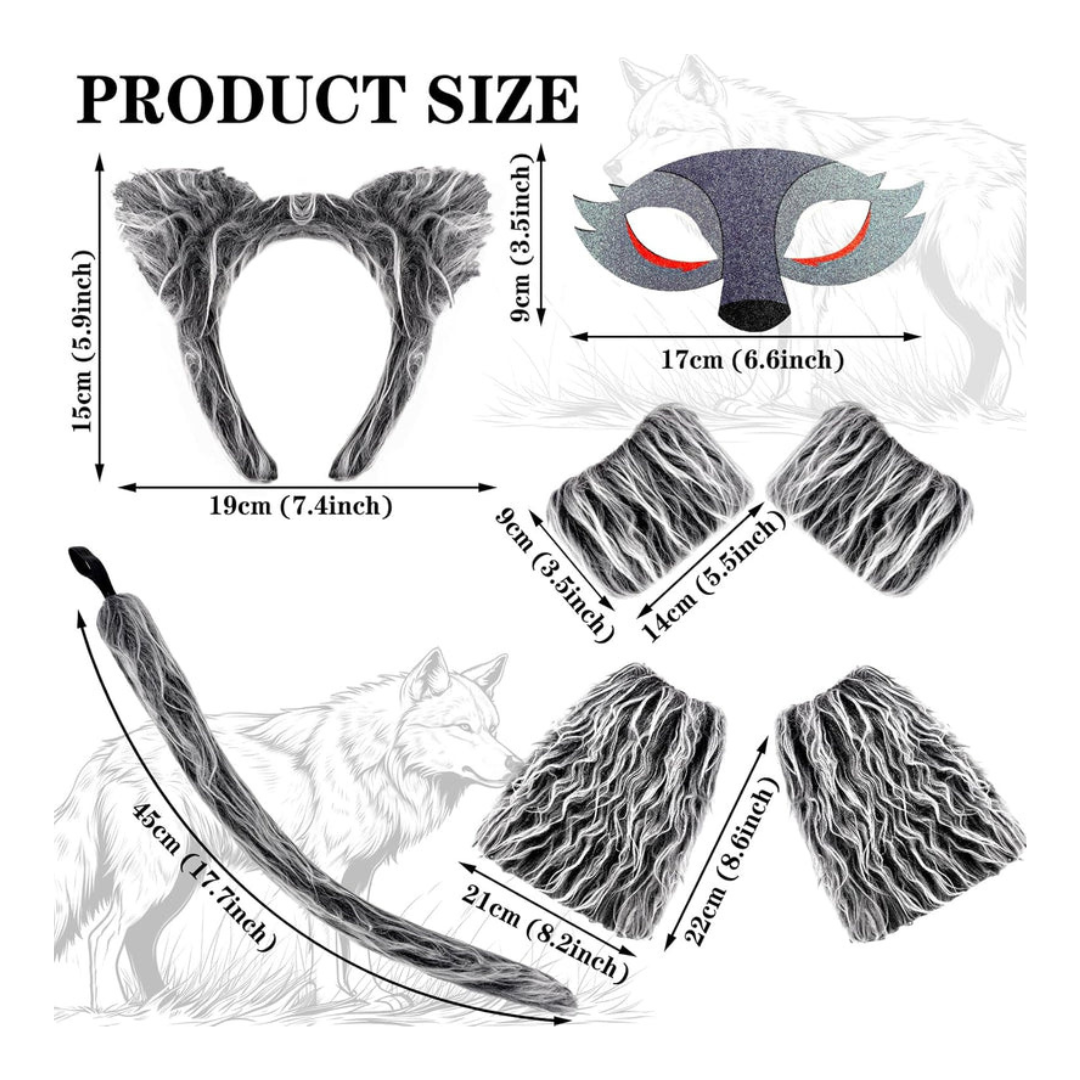 Axooms 7-Piece Werewolf Costume Kit — Ears Headband, Mask, Tail (44 cm), Gloves & Leg Warmers | Soft Plush, One-Size, Easy Dress-Up