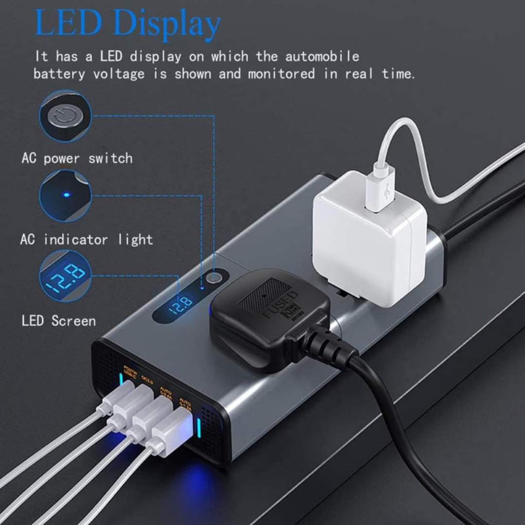 200W Car Power Inverter – 12/24V DC to 220V AC, Dual AC Outlets, 3×USB + 30W Type-C, LED Display, Cooling Fan & On/Off Switch