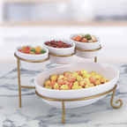 Axooms 2-Tier Oval Serving Set with Gold Stand – Porcelain Appetizer & Dessert Display (3×10 cm + 1×24 cm)