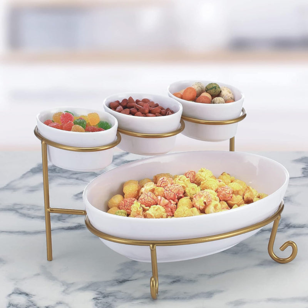 Axooms 2-Tier Oval Serving Set with Gold Stand – Porcelain Appetizer & Dessert Display (3×10 cm + 1×24 cm)