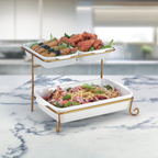 Axooms 2-Tier Rectangular Serving Tray with Gold Stand – Porcelain Appetizer & Dessert Display (20 cm + 30 cm Trays)