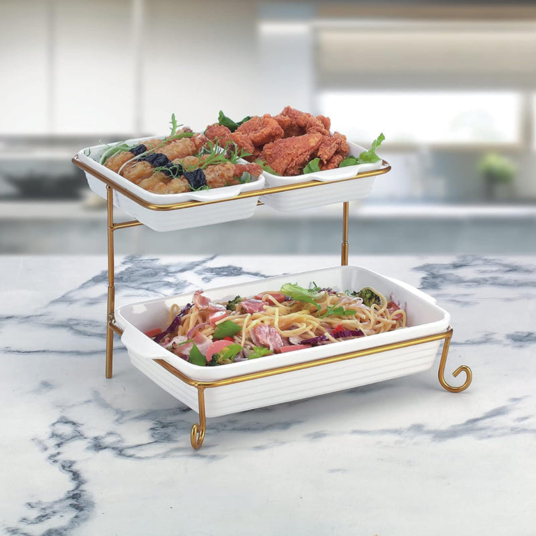 Axooms 2-Tier Rectangular Serving Tray with Gold Stand – Porcelain Appetizer & Dessert Display (20 cm + 30 cm Trays)
