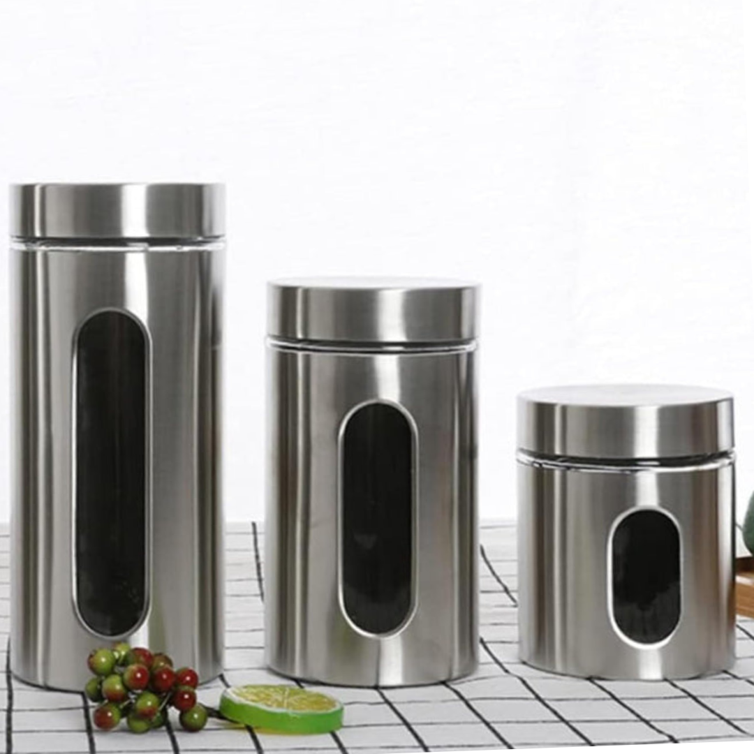 Axooms Glass Canister Set with Stainless Steel Coat – 3-Piece Airtight Jars with Window (8.5×20.5 cm, 15.5 cm, 10.5 cm)