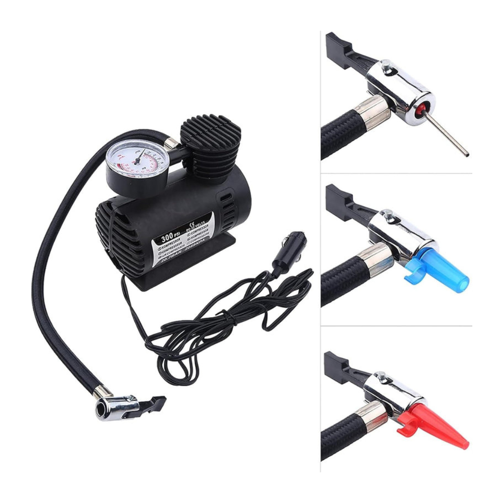 Axooms 12V Air Compressor Pump – Portable 300 PSI Tire Inflator with Gauge & Multi-Nozzle Set (Car, Bike, Inflatables)