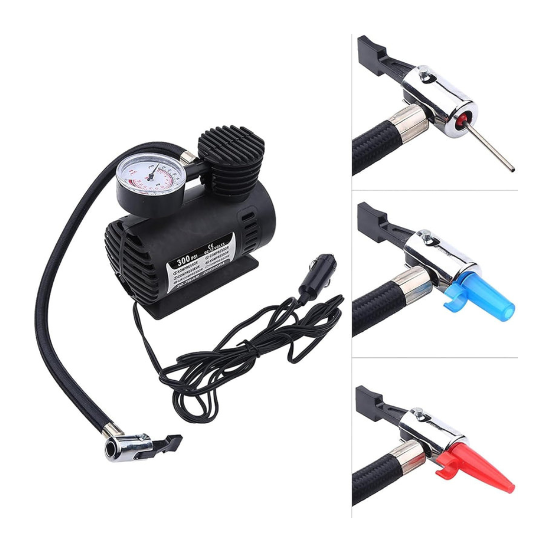 Axooms 12V Air Compressor Pump – Portable 300 PSI Tire Inflator with Gauge & Multi-Nozzle Set (Car, Bike, Inflatables)