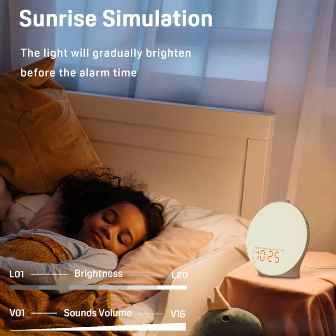 Wake Up Light Sunrise Alarm Clock – Dual Alarms, Snooze, FM Radio, 7 Colors, 7 Natural Sounds, Nightlight/Daylight – Great for Kids & Heavy Sleepers