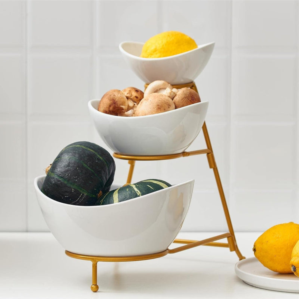 Axooms 3-Tier Serving Bowl Set with Gold Collapsible Stand – Elegant Ceramic Bowls for Chips, Dips, Appetizers, Desserts & Fruit