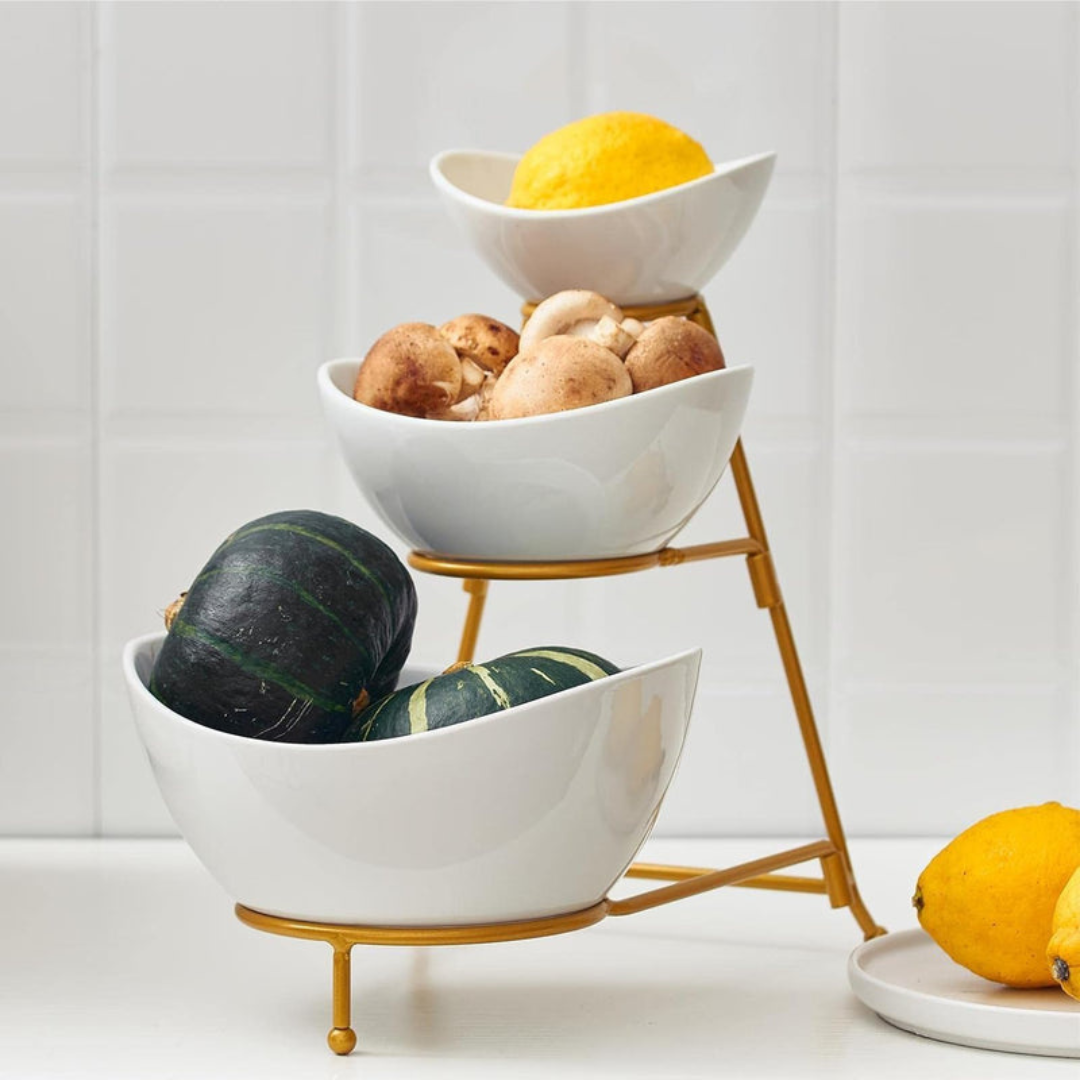 Axooms 3-Tier Serving Bowl Set with Gold Collapsible Stand – Elegant Ceramic Bowls for Chips, Dips, Appetizers, Desserts & Fruit