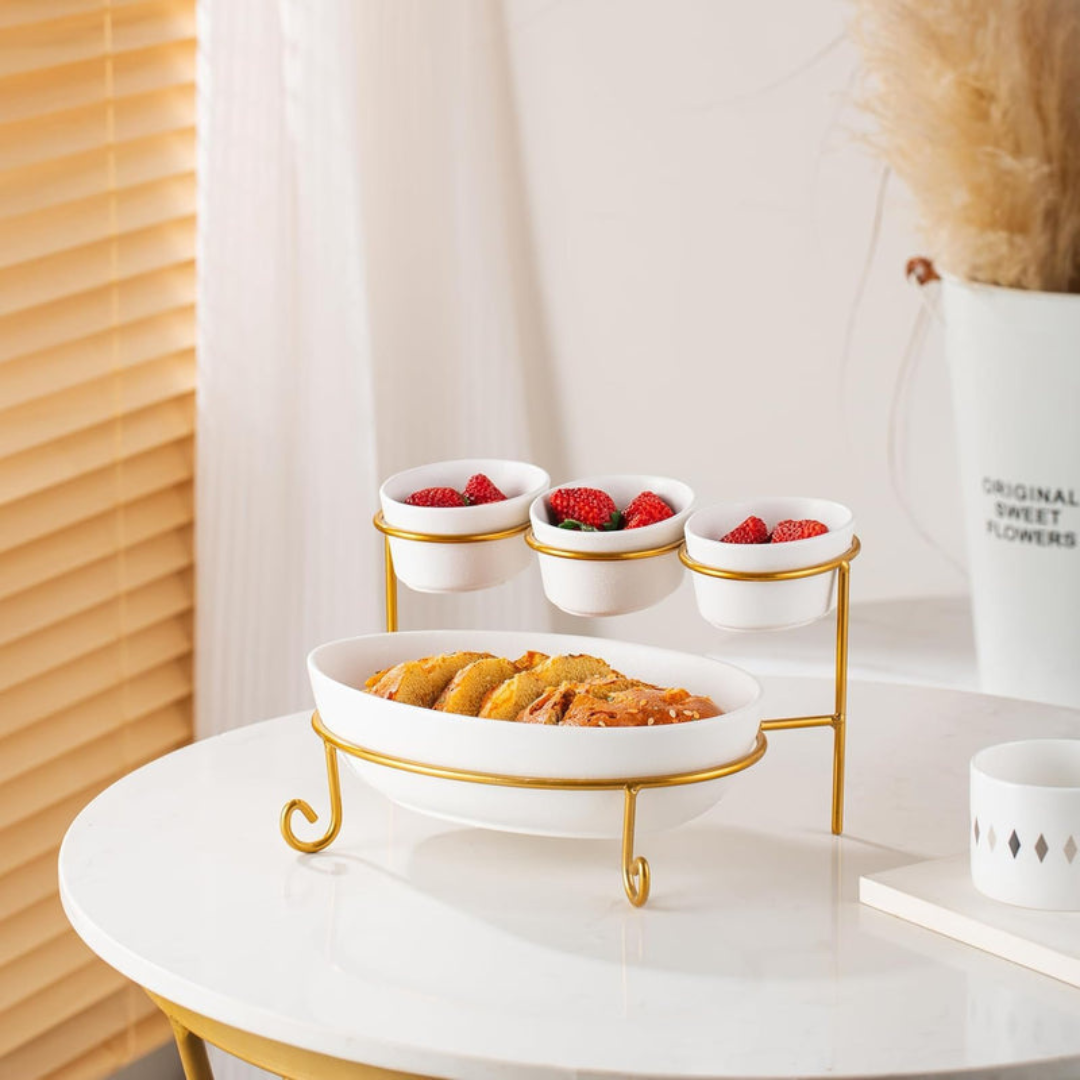 Axooms 2-Tier Oval Serving Set with Gold Stand – Porcelain Appetizer & Dessert Display (3×10 cm + 1×24 cm)