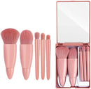Axooms Portable 5-Piece Travel Makeup Brush Set with Case & Mirror for Face, Brows, Blush & Lip Gloss, Pink