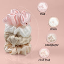 Axooms Large Silk Scrunchies for Women & Sleeping, 4 Pieces - Pink, White, Light Gold & Dark Pink, 6 cm