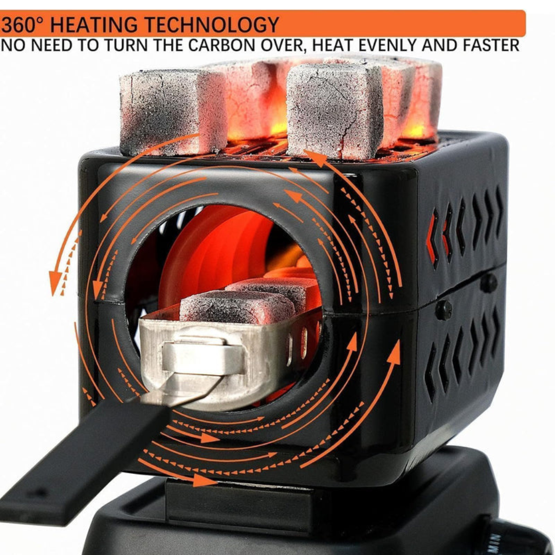 Axooms 3D 360° Electric Charcoal Burner – 1200W, Dual Heating Zones, 5-Level Control + Tongs (Black)