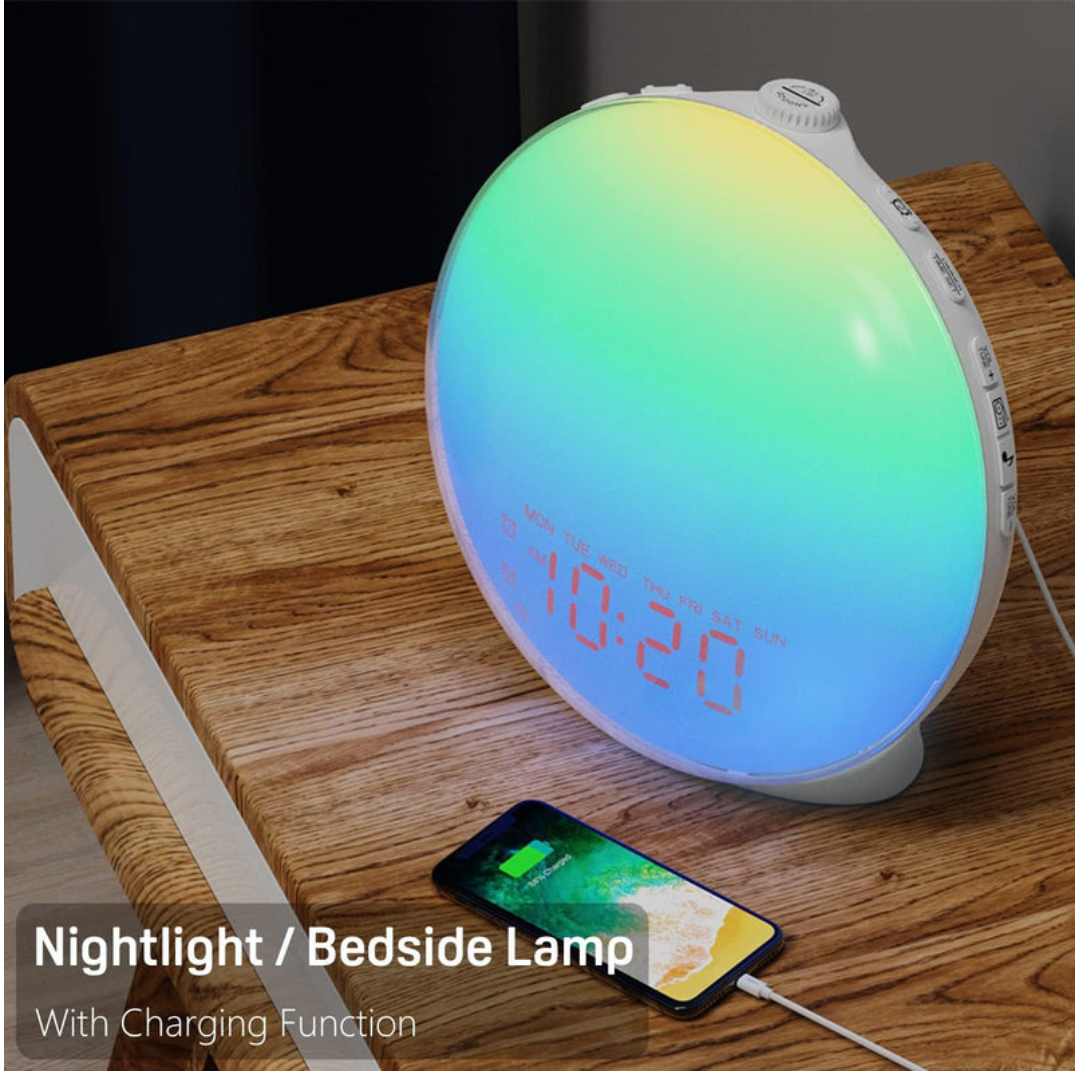 Wake Up Light Sunrise Alarm Clock – Dual Alarms, Snooze, FM Radio, 7 Colors, 7 Natural Sounds, Nightlight/Daylight – Great for Kids & Heavy Sleepers