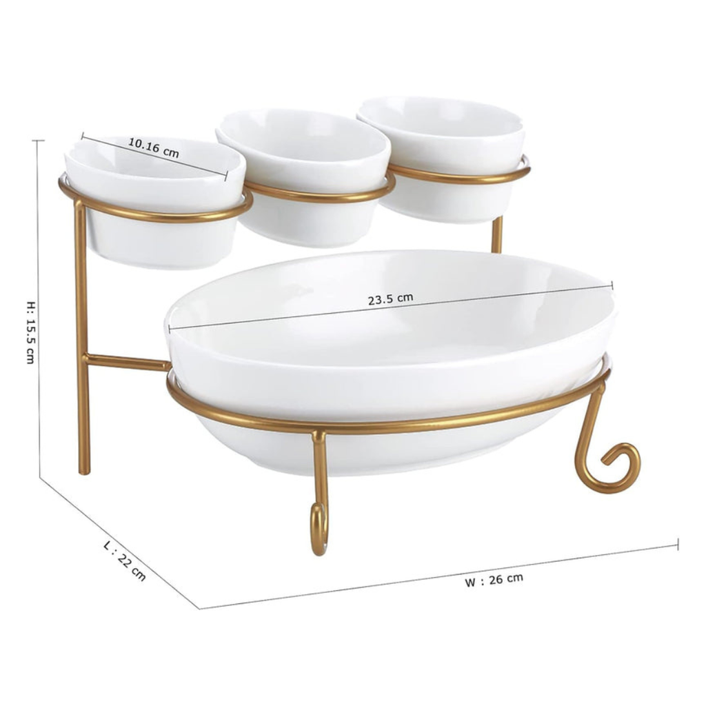 Axooms 2-Tier Oval Serving Set with Gold Stand – Porcelain Appetizer & Dessert Display (3×10 cm + 1×24 cm)