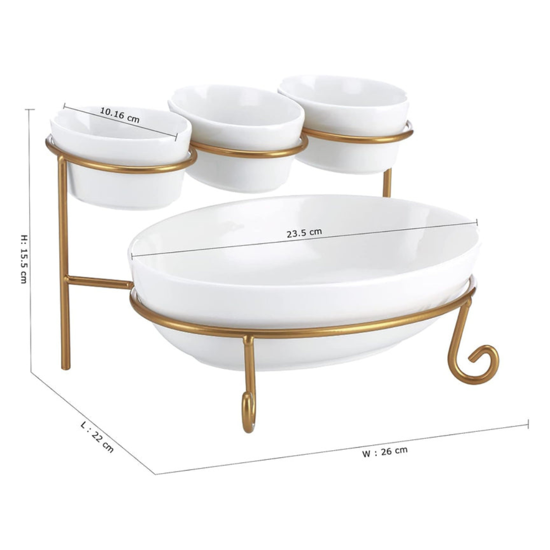 Axooms 2-Tier Oval Serving Set with Gold Stand – Porcelain Appetizer & Dessert Display (3×10 cm + 1×24 cm)
